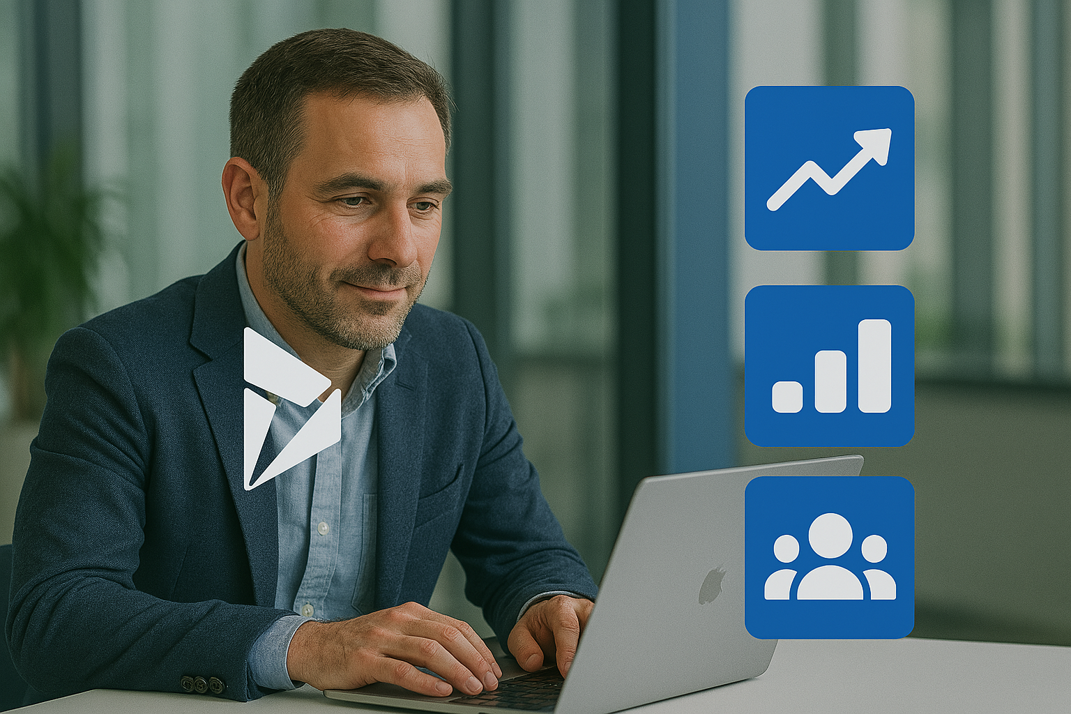 Business professional using Microsoft Dynamics 365 with analytics visualizations